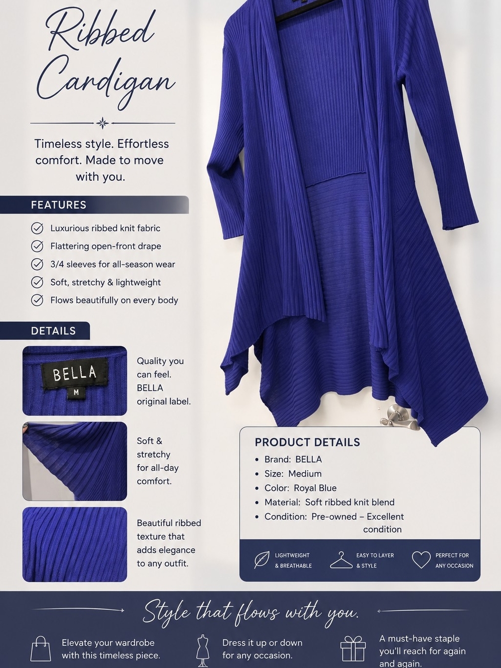 Abella Royal Blue Ribbed Open-Front Cardigan